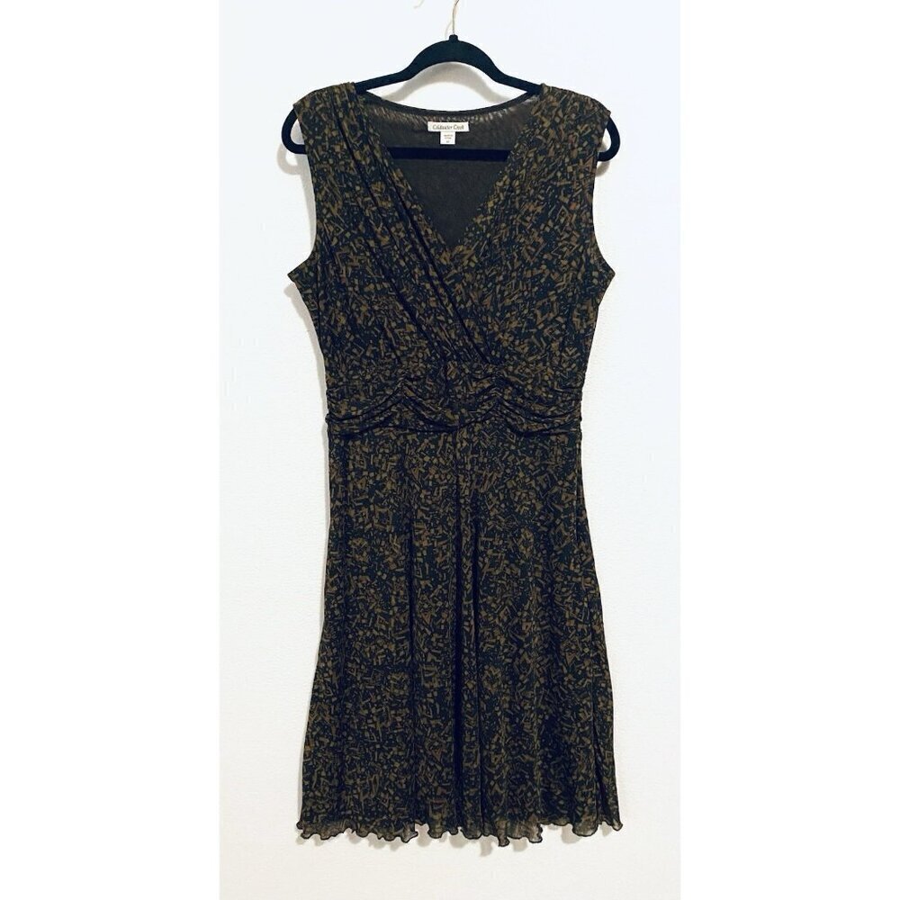 Coldwater Creek Dress Womens 12 Brown Geo Print Sleeveless Mesh Pleated Y2K